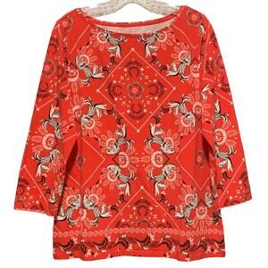 TALBOTS Top L The Talbots Tee Orange Peacock Print Stretchy 3/4 Sleeves Boho